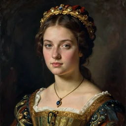 portrait of young woman in renaissance dress and renaissance headdress, art by amedeo modigliani