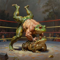 a muscular frog suplexing a toad in a makeshift wrestling ring, dynamic, oil painting, very detailed