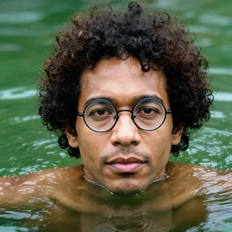 closeup potrait of a man with curly hair and round glasses swimming in green water in amsterdam, photograph, natural light, sharp, detailed face, magazine, press, photo, steve mccurry, david lazar, canon, nikon, focus