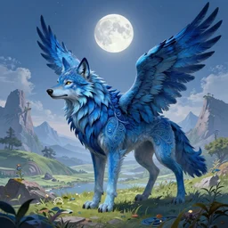 Blue feathered wolf with wings on a beautiful fantasy landscape, hills, mountains, moonlit, HD, illustration, epic, D&D, fantasy, intricate, elegant, highly detailed, digital painting, artstation, concept art, smooth, sharp focus, illustration, art by artgerm and greg rutkowski and alphonse mucha