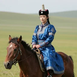 A young female Mongolian Khan, riding her horse on the Steppe