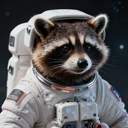 a retrofuturistic raccoon astronaut in space, close up, quint buchholz, wlop, dan mumford, artgerm, liam brazier, peter mohrbacher, raw, featured on artstation, octane render, cinematic, intricate, 8 k