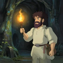 a bearded man holds a torch and explores a Dungeon, luminous, Studio Ghibli