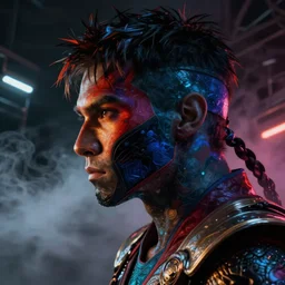 a dark and colorful close - up side profile portrait of a mortal kombat chraracter with led lights glowing fog in the background. highly detailed science fiction painting by norman rockwell, frank frazetta, and syd mead. rich colors, high contrast, gloomy atmosphere, dark background. trending on artstation