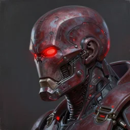 indirect profile portrait of ultron, red glow, warframe, painting, trending on artstation, ultradetailed, intricate, brushed steel