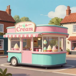 digital matte glossy painting nostalgic 1 9 5 0 s ice cream shoppe and village britain, detailed in the style of trevor mitchell