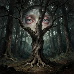 tree of death and agony solace solitude and psychedelic quantization of your deepest and darkest fears within your soul window, your eyes are the reason you are afraid to see, godmachine victo ngai yoji shinkawa pennington sibylla merian james gurney greg rutowski hallucinations of hellscape forest gustave dore dzo