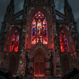 old cathedral, red light inside, stained glass, broken gate, black rocks,, epic fantasy, colorfully, digital art, concept art, detailed illustration, hd, 4 k, digital art, by anato finnstark, maxime desmettre, greg rutkowski, trending on artstation