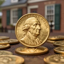 a closeup photorealistic photograph of George Washington inspecting gold Doubloon coins at his home on Cherry Street. This 4K HD image is Trending on Artstation, featured on Behance, well-rendered, extra crisp, features intricate detail and the style of Unreal Engine.