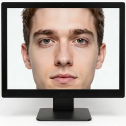 computer monitor with a human face stretched to fill all the screen