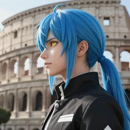 side profile of rimuru tempest with sky blue hair, ponytail, long bangs, gold eyes, black jacket with white stripes and a high collar, detailed face | highly detailed, roman city | professional digital art, concept art, award winning photography, cinematic, wlop | art by pixiv art, ilya kuvshinov, greg rutkowski, yoshitaka amano