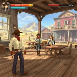 screenshot of gameplay dating simulator game set in 1 8 5 2, interior of old west saloon, featuring african american and japanese cowboys and cowgirls in ghost town with buildings painted bright pastel colors, morning light with mountains in the background