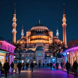 neon streets of istanbul mosque, 4 k, award winning photo, cyberpunk style