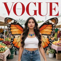 farmers market, vogue magazine, elle magazine, woman with butterfly wings, mexican day of the dead, greg rutkowski, gerardo dottori, john singer sargent, anime, trending on artstation, oil painting, intricate