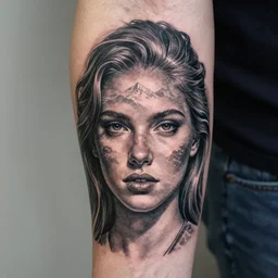 a tattoo design of a beautiful girl face faded in a mountain scenery, in the style of den yakovlev, hyper - realistic, amazing detail