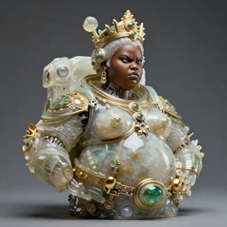 intricate slightly iridescent and tanslucent realistic bust of futuristic obese angry beautiful cyborg astronaut black girl empress, glass and gold and jade, caustics, soft light