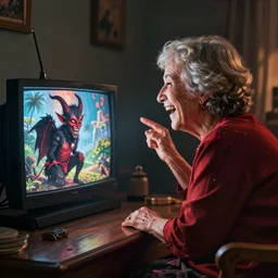 laughing grandma watching satan on the tv