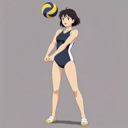 anime style, vivid, expressive, full body, 4 k, painting, woman in full one piece bathing suit playing volley ball, stunning, realistic light and shadow effects, centered, simple background, studio ghibly makoto shinkai yuji yamaguchi