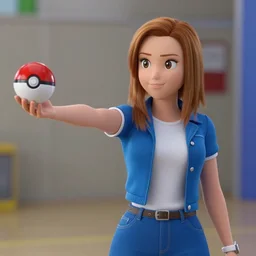 A movie still of Karen Gillan as Misty from Pokémon: Indigo League with her left arm outstretched holding a Poké Ball