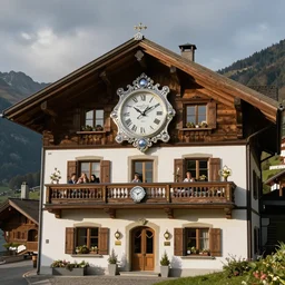 Beautiful Swiss chalet with a large clock, jewels, shiny silver, shiny gold, architectural render, by Gabriel Dawe, by Skottie Young, by Jessica Rossier, by Isaac Cordal, Rolex, Breitling, Jacob & Co, Omega, Tag Heur