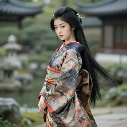 gorgeous japanese princess in an ancient fantasy garden, long hair, beautiful intricately decorated clothing, 3 / 4 side view, natural pose, shallow depth of field, matte painting, karole bak, hasui kawase, mohrbacher, noriyoshi ohrai
