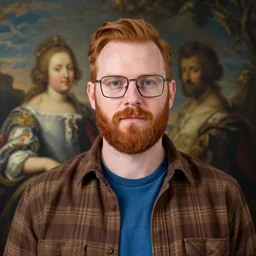 a man with short, ginger hair, neat ginger beard, square glasses, plaid brown shirt, blue t shirt, baroque painting