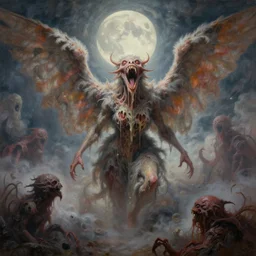 concept art of giant fairy, lovecraftian, lots of teeth, melting horror, large wings made of fluffy feathers, round moon, rich clouds, fighting the horrors of the unknown, high resolution, very detailed, roaring, volumetric light, mist, grim, fine art, decaying, textured oil over canvas, epic fantasy art, very colorful, ornate