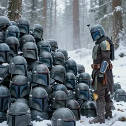 in a snowy forest, a huge pile of grey helmets, a grey and blue mandalorian jango fett is looking at a huge pile of grey mandalorian helmets piled up, concept art highly detailed, a mandalorian is looking at ahuge pile of grey helmets, great cinematic lighting, octane render, 8 k, depth of field, 3 d, art by greg rutkowski, trending on artstation, cinematographic shot