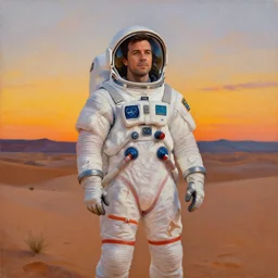 jimmy fallon in the desert wearing a space suit, oil painting, 4 k, sunset