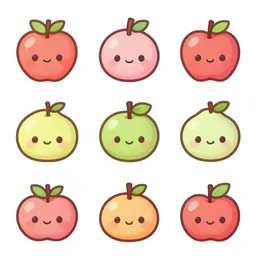 a set of kawaii fruits icons, isolated on white background, stylized, cartoon, cute, high quality, smooth graphics, fine edges,