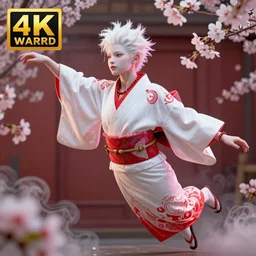 albino maiko flying in a smoke kimono, detailed, jewelry, sakura, photograph, award wining, red and white, trending on artstation, punk attitude, 4 k, unreal engine 5, octane render, neon highlights