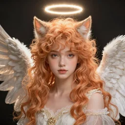 Portrait of a girl angel with light orange fuzzy frizzy hair, cat ears, glowing halo, wings, fantasy, intricate, elegant, highly detailed, digital painting, artstation, concept art, smooth, sharp focus, illustration, art by Krenz Cushart and Artem Demura and alphonse mucha