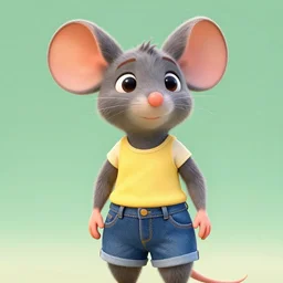 3 d render, portrait, upper body shot, mid shot, anthropomorphic mouse, female, wearing denim short shorts and a off yellow tank top shirt, in the style of zootopia