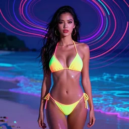 portrait of beautiful woman in a neon bikini on a bioluminescent beach, artstation winner by victo ngai, kilian eng and by jake parker, by conrad roset, swirly vibrant color lines, winning award masterpiece, fantastically gaudy, aesthetic octane render, 8 k hd resolution
