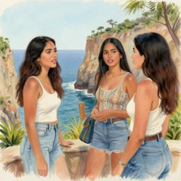 attractive hispanic women talking by a cliff side, drawn by jaime hernandez, gilberto hernandez