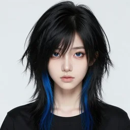 a pale emo girl with medium messy black hair, a blue streak, soft facial features, bangs covering an eye, 2 0 0 8, myspace photo