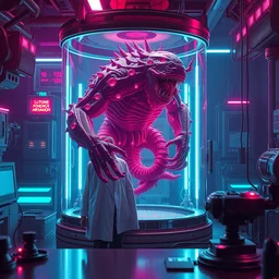 hd photorealistic cinematic still, mad biopunk scientist in his futuristic lab with prototype monstrous demigod floating in enclosed glass tank, universal 3 d bioprinter, mri, cnc robot arms, vibrant, hyperdetailed scifi concept art, artstation, octane render hdr, by caravaggio, inspired by masamune shirow and ross tran and james gurney