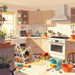 overrwrought busy pleasing palette illustration busy cluttered overgrown tangled mess kitchen