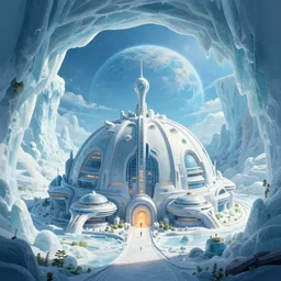 A beautiful illustration of a domed utopian retro futuristic city built in a massive ice cavern looking out to another world by Daniel merriam | sparth:.3 | Time white:.3 | Rodney Matthews:.3 | Graphic Novel, Visual Novel, Colored Pencil, Comic Book:.2 | unreal engine:.3 | establishing shot:.7