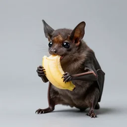 a long shot, color studio photographic portrait of a little bat eating bananas, dramatic backlighting, 1 9 9 3 photo from life magazine,