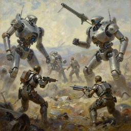 oil painting of futuristc battlefield humans against ai robots, weapons and crafts, realistic shaded lighting, octaine rendering, wallpapper, magali villeneuve, trending on artstation