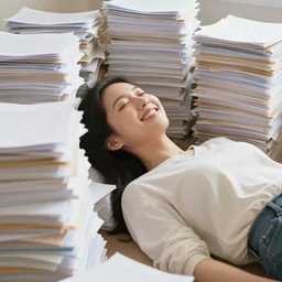 a photograph of a happy woman lying down on her back. she is surrounded by piles and piles of sheets of paper