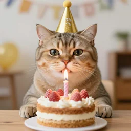 photo of a funny cat celebrating his birthday with a cake. highly - detailed, award - winning