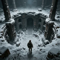 buried ancient sci-fi structures, archeologist, snow covered world, dark abyss, horror, scary, moody, 8k hyper detailed