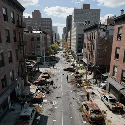aerial view of dilapidated zombie - apocalypse new york city in real life, desolate with zombies, dilapidated, empty streets, nightmarish, some rusted style parked vehicles, sunny weather, few clouds, volumetric lighting, photorealistic, daytime, autumn, sharp focus, ultra detailed, cgsociety