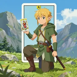 an wood elf boy getting ready for an high fantasy adventure on the mountain side, anime style, tarot card, Tarot card the fool, fine line work, psychedelic