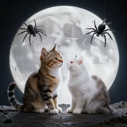 cat and spider in love on the moon realistic photo