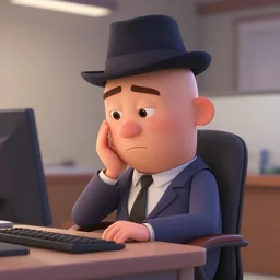 bored man in his 4 0 s sitting at his office, hat, bald, costume, pixar movie, 3 d, animated