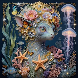 hyperrealistic detailed portrait of a chimera, with flowers, butterflies, corals, sea kelp, sea plants, fish, starfish, jellyfish, diamonds, filaments, golden filigree, neon lights, art by ernst haeckel, john william godward, hammershøi, alphons mucha, pontormo, ornamental, decorative, lights by hopper, pastel deep colours