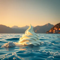 wide shot of a sea made of delicious vanilla icecream, mountains, golden hour, riviera italiana, octane render
